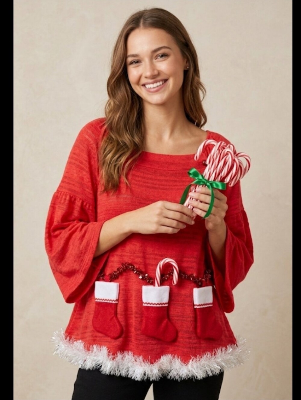 Upcycled Christmas Top Red Babydoll S-M Shiny Garland Stockings